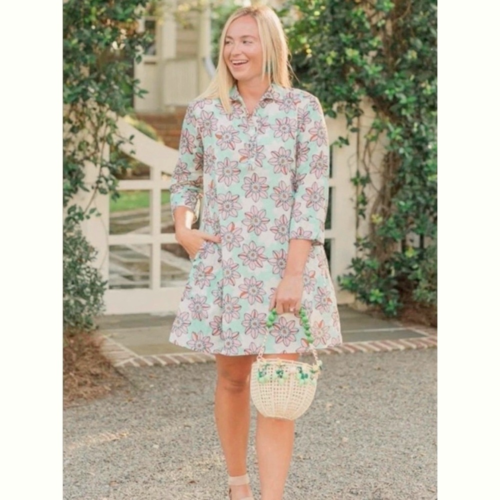 Victoria Dunn Mint Pink Floral Cotton Tiered Shirt Dress Bell Sleeve NWT Large